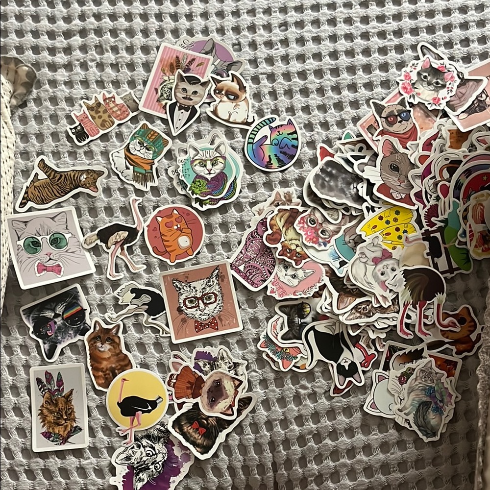 Assortment of 50 Cat Stickers and 15 Ostrich Stickers